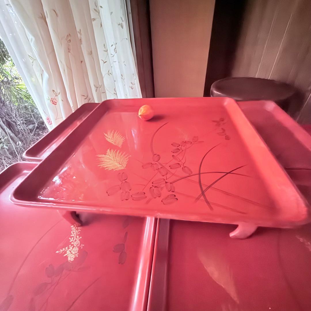 A様へ感謝お嫁入り‼️節目にJAPAN GOLDすすき天然木朱色沈金御膳 10客