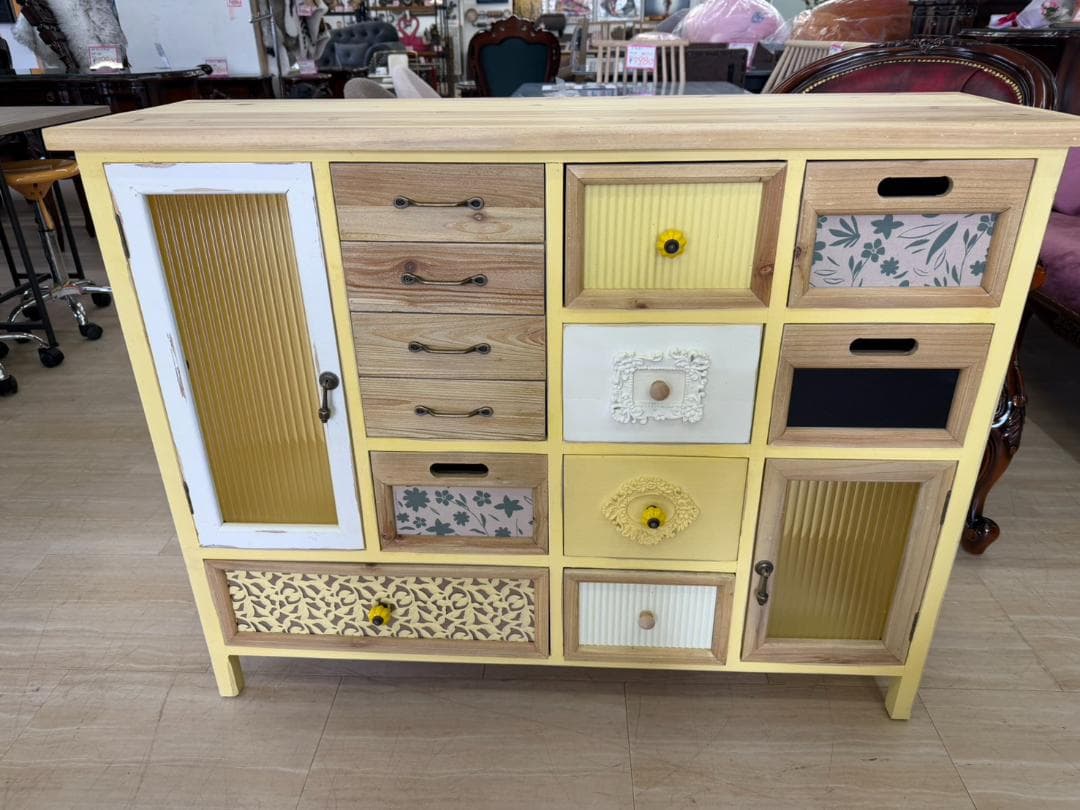 カントリー キャビネット リビングボード レトロ 棚 イエロー 引出
