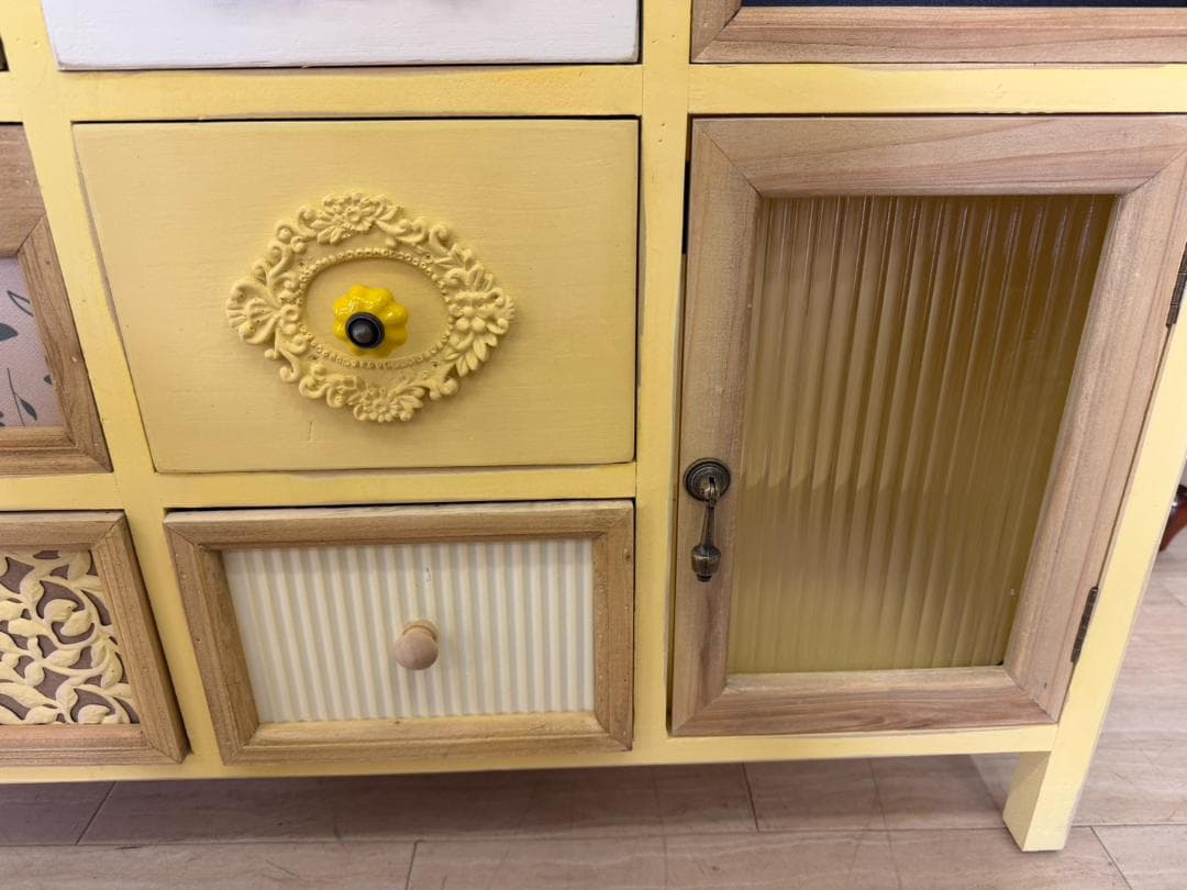 カントリー キャビネット リビングボード レトロ 棚 イエロー 引出