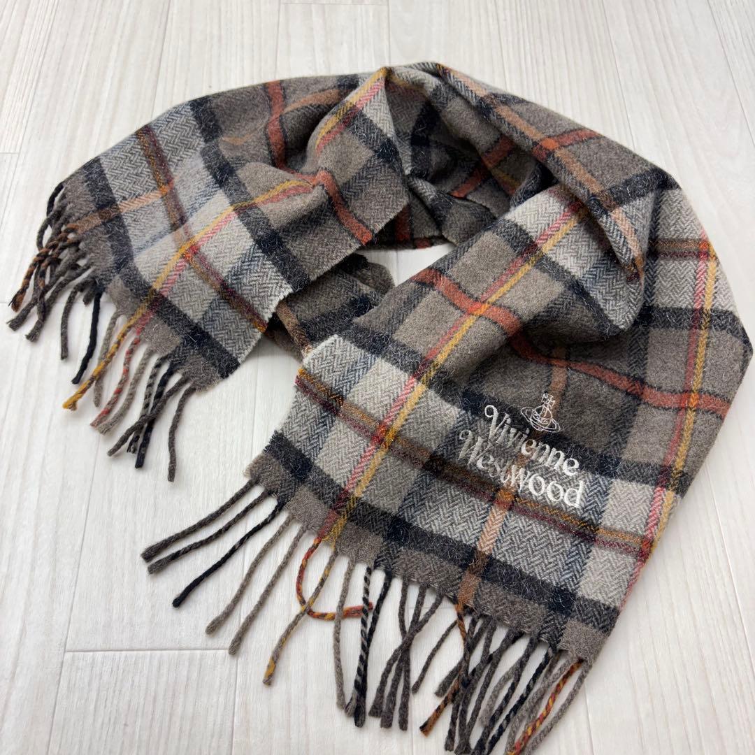 ☆ ヴィヴィアンウエストウッド ウール チェック マフラー オーブ オーヴ ヴィヴィアンウエストウッドVivienne Westwood オーブブローチ留め