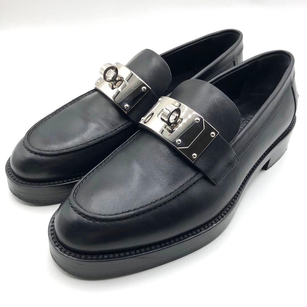 ★美品★エルメス レザーローファー モカシン ホット 38.5 25 黒 未使用品◎HERMESエルメス モカシン/ローファー/ホット/レディース/黒