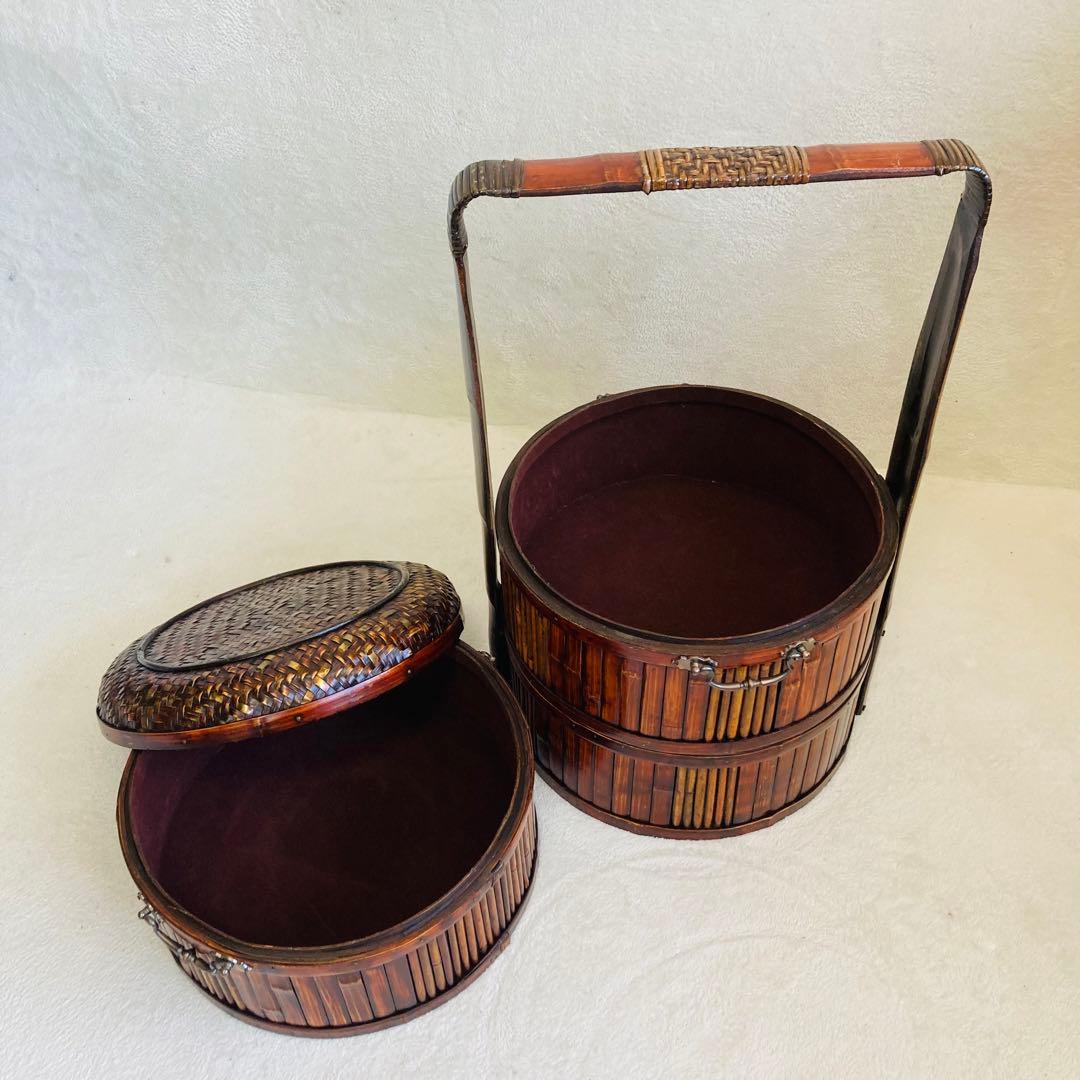 竹編み籠☆特大☆茶籠☆煎茶 飾り 堤藍 三段籠 中国 農具 自然竹