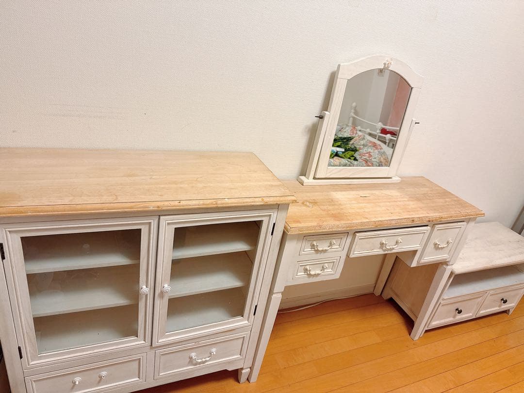 1点価格】ブロカントシリーズ ホワイト木製家具(鏡台・テレビ台・チェスト)