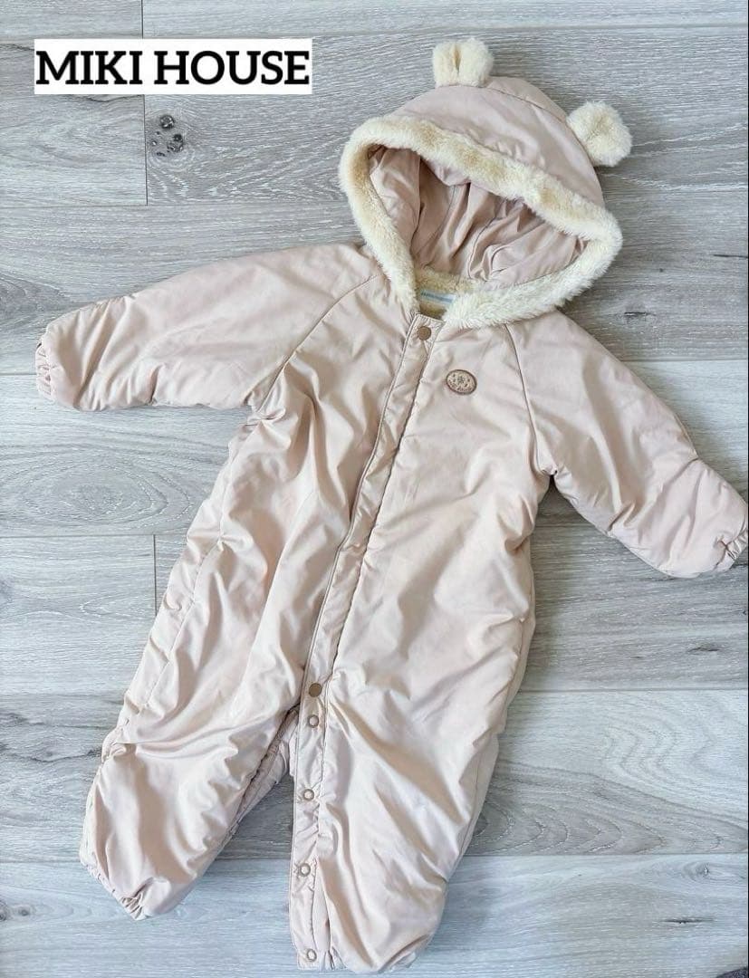 ミキハウス くま耳フード ジャンプスーツ ベージュ ファー防寒 60-80cm