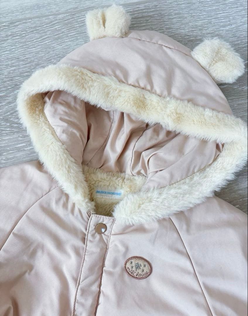 ミキハウス くま耳フード ジャンプスーツ ベージュ ファー防寒 60-80cm