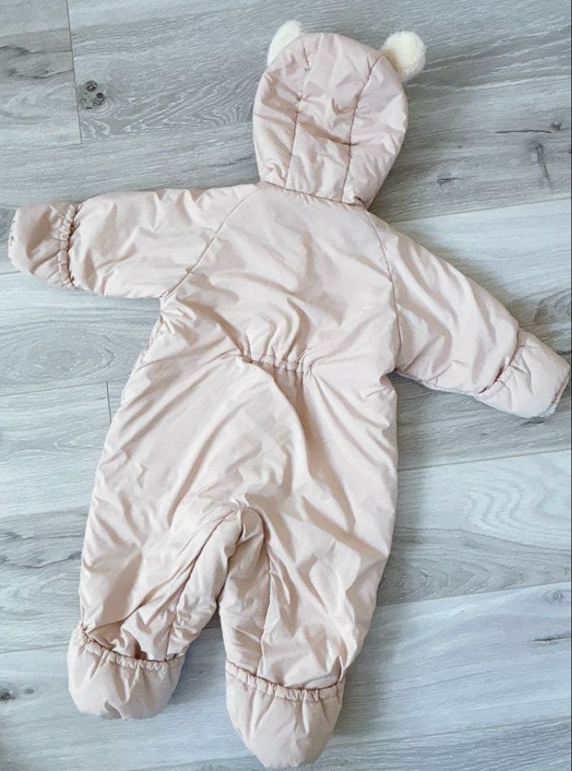 ミキハウス くま耳フード ジャンプスーツ ベージュ ファー防寒 60-80cm