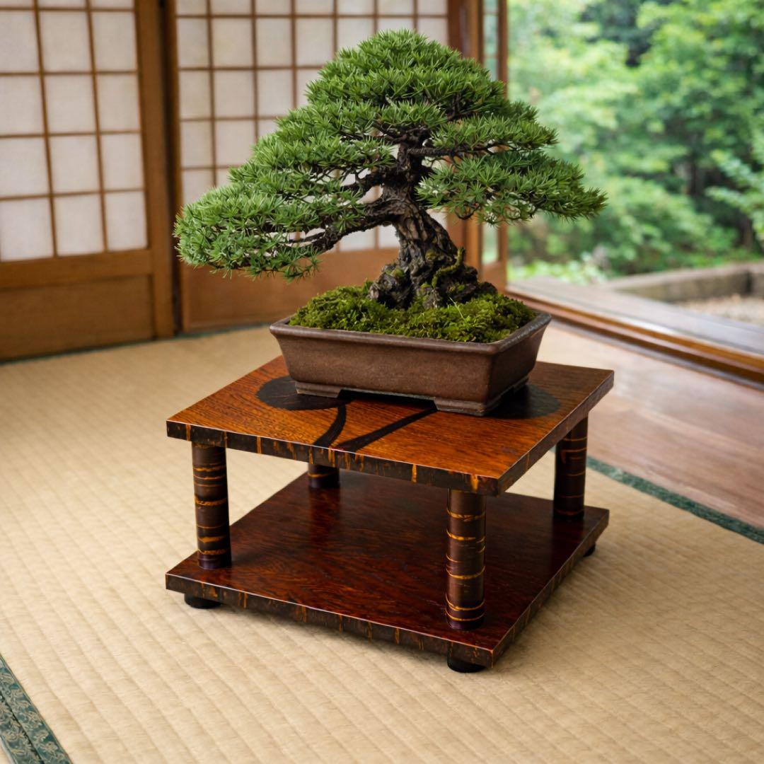 美品】伝統工芸 樺細工（桜皮細工） 飾り棚 和家具 二段花台 サイド