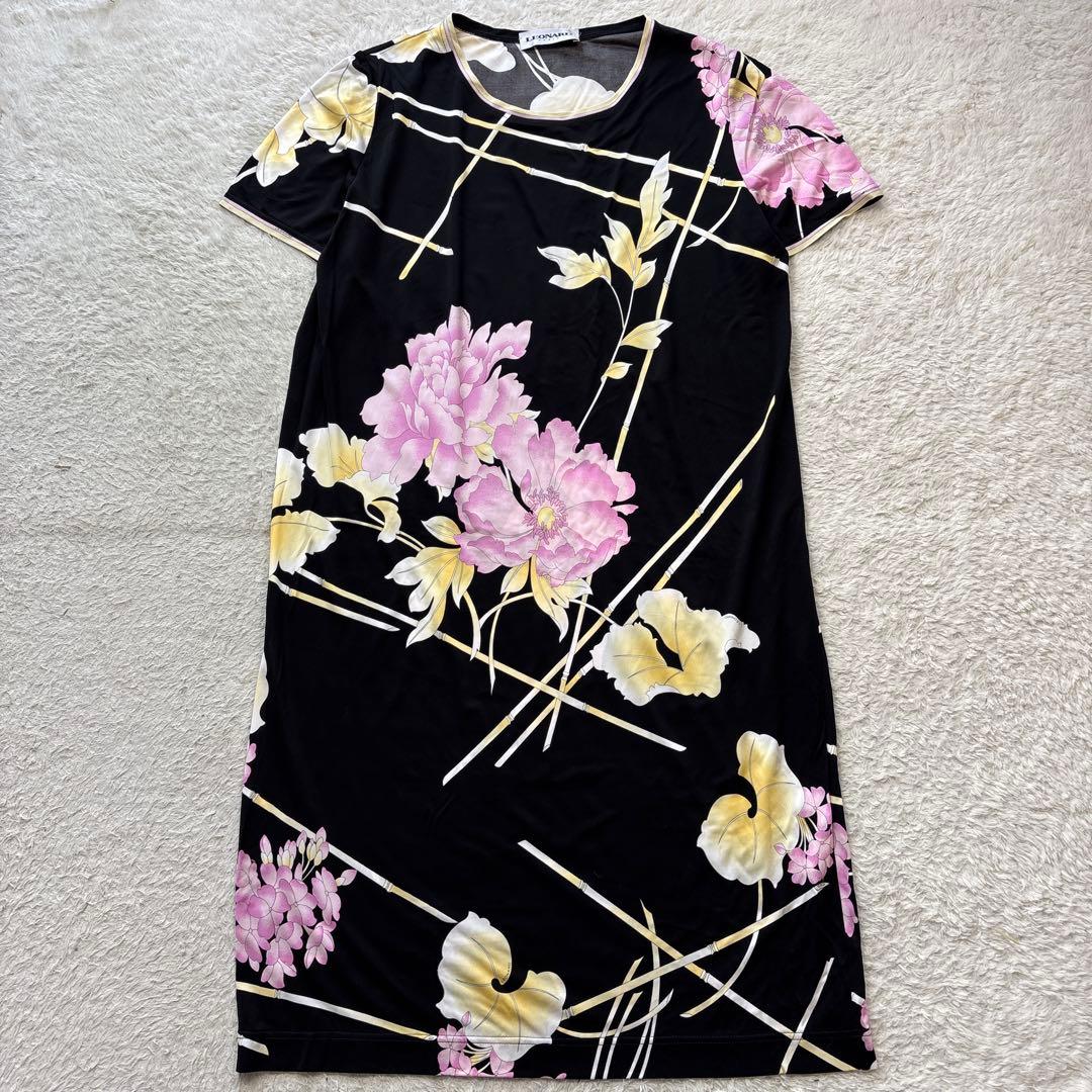 美品　LEONARD レオナール レーヨンジャージーワンピース　花柄　ブラック LEONARD - 極美品 レオナール LEONARD FASHION ワンピース ロング