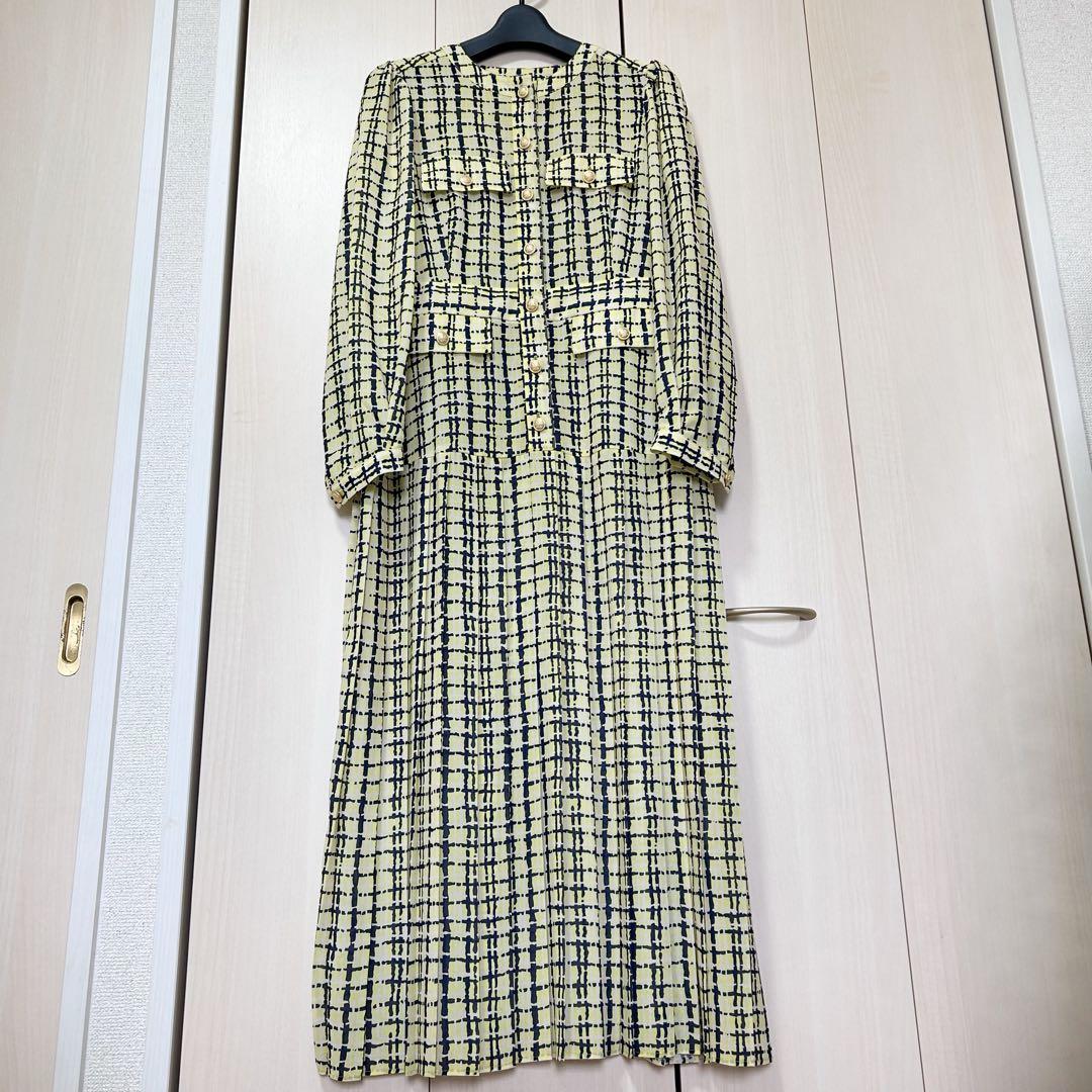 22AW♡グレースコンチネンタル ツイードプリントワンピース 36 金釦