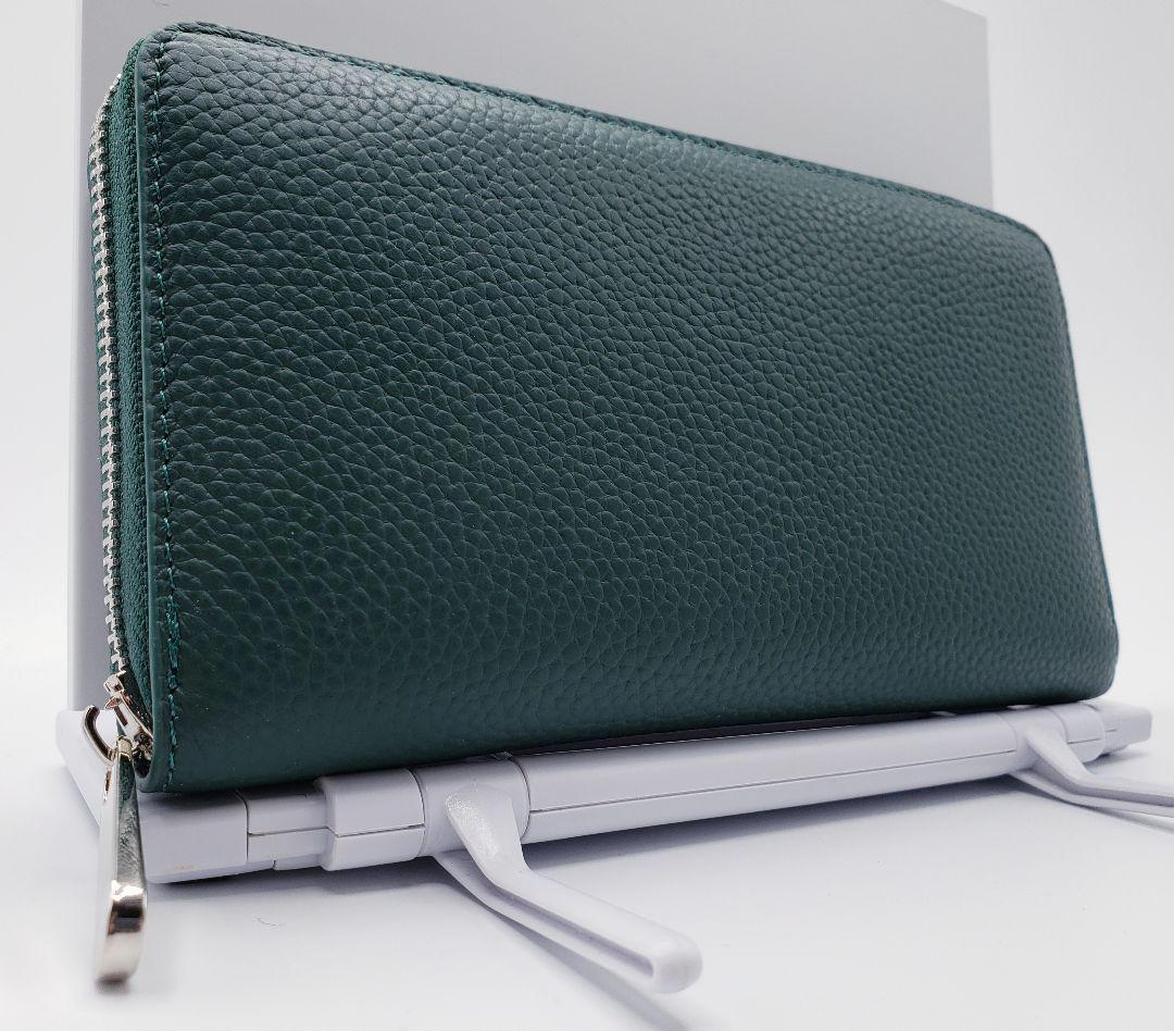 新品 イタリアンレザー ラウンドファスナー 長財布 グリーン 本革 牛革