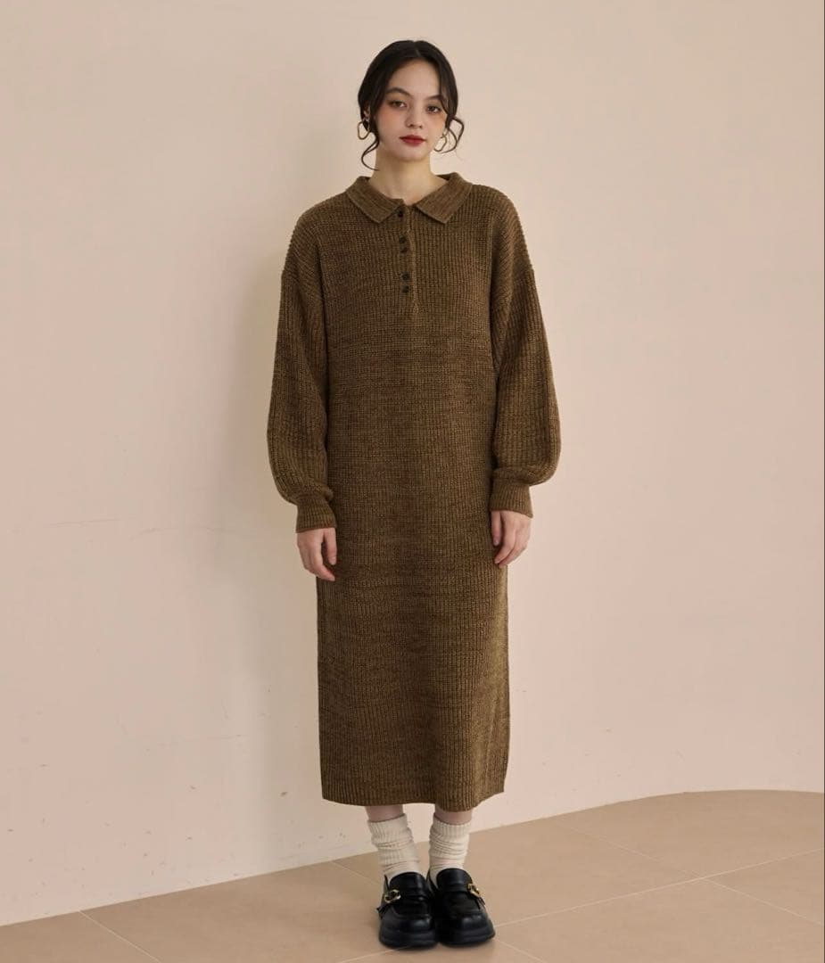 OLUN オルン ニットポロワンピース ブラウン M - メルカリ