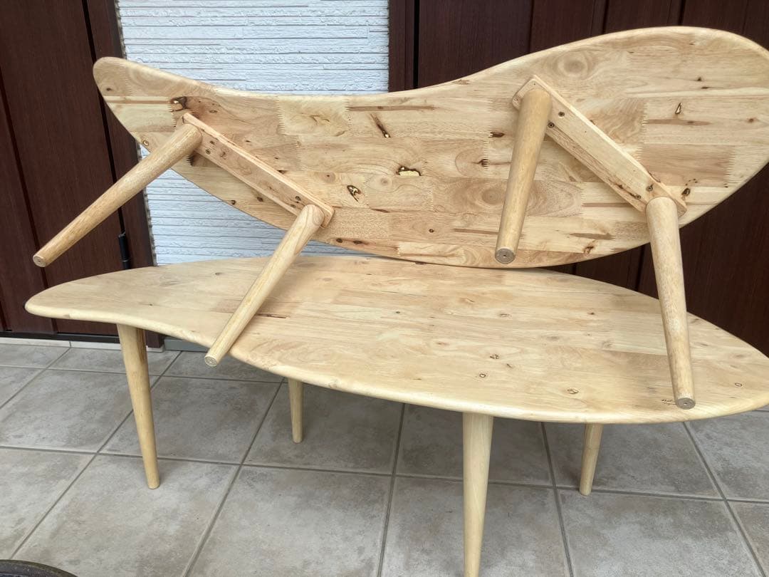 美品】天然木ラバーウッド ◉曲線が美しいローテーブル◉2点セット