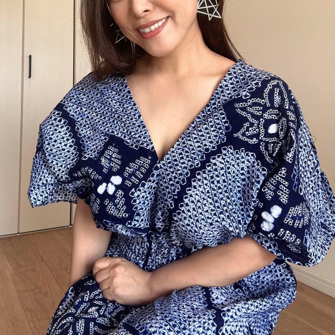 一点物 浴衣 有松絞り ワンピース ハンドメイド マキシ シンプル 単色