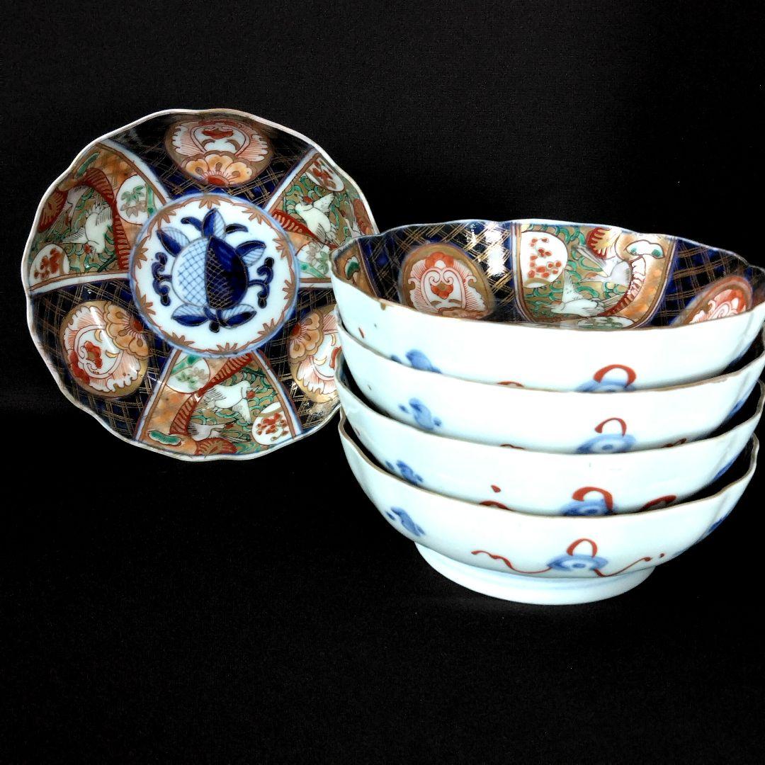 明治～大正 古伊万里 絢爛豪華 金襴手 二重角冨紋 膾皿 5客揃 角富 な