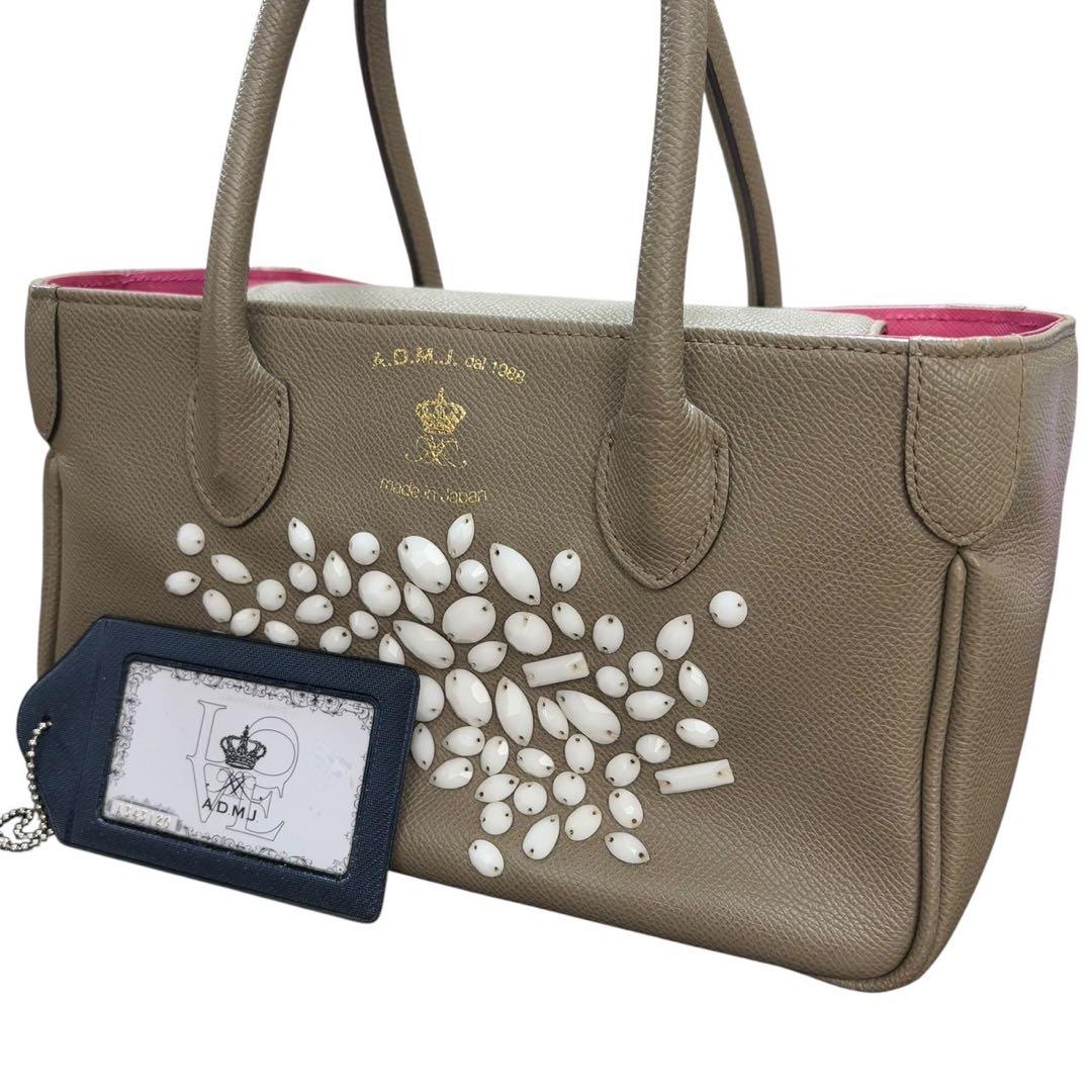 A.D.M.J ハンドバッグ レザー スワロフスキー クリスタルガラス トープ