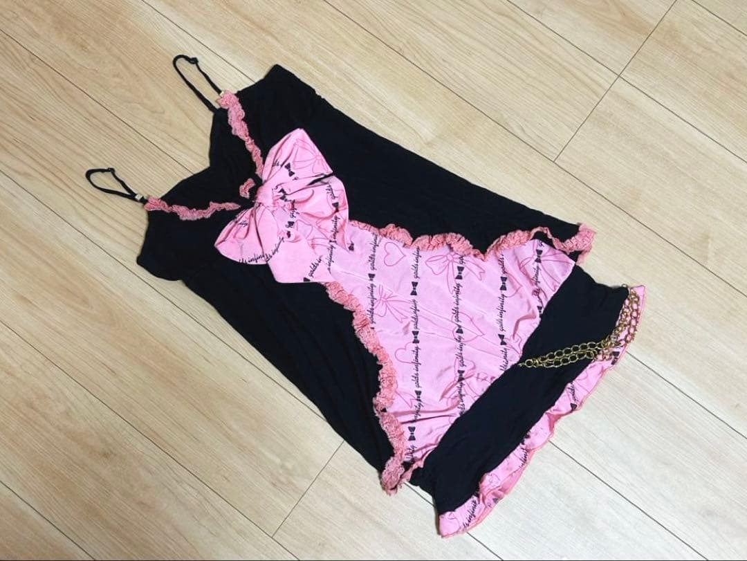 GOLDS×日菜あこコラボ♡オリジナルロゴハートリボン柄♡ゆるピタ♡キャミワンピ わかなさんコラボ ] ショルダーリボンキャミワンピース [E3354