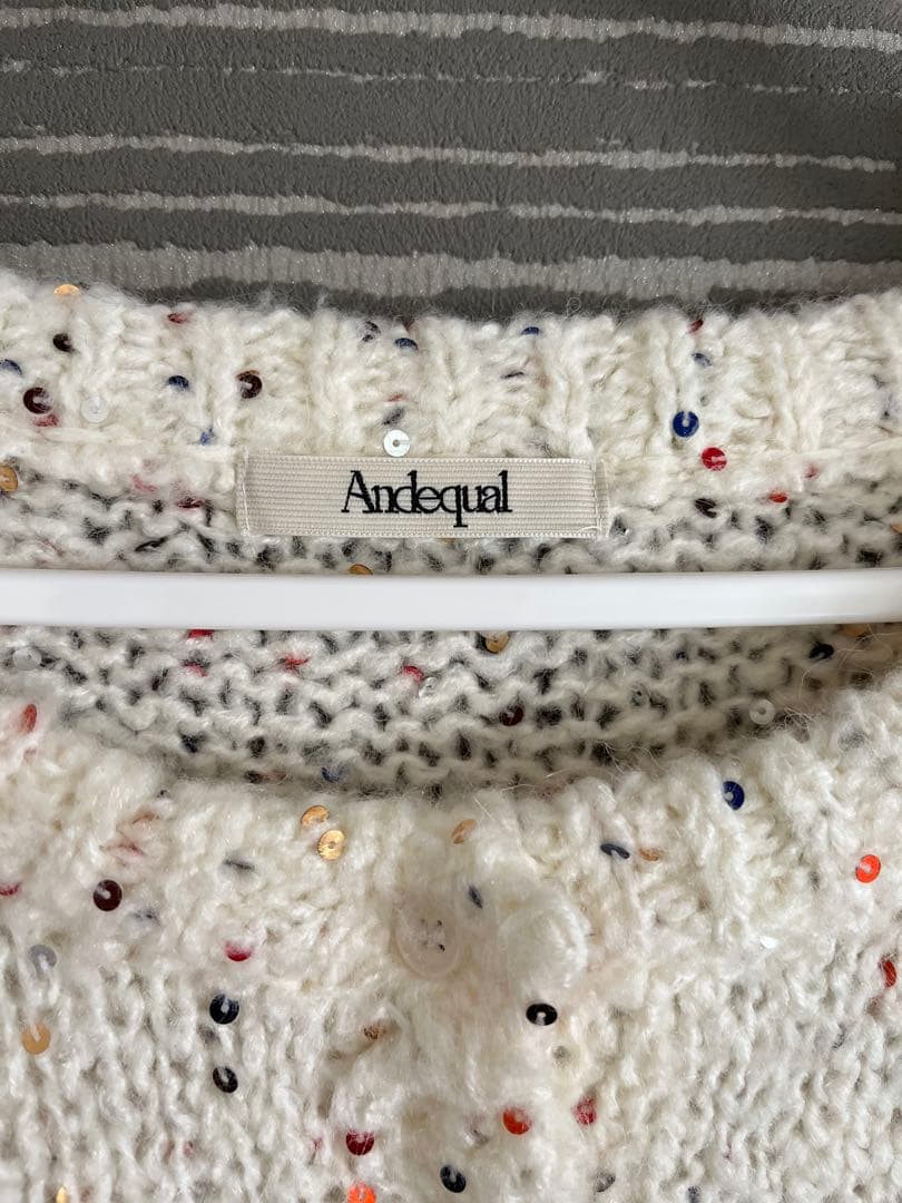 Andequal】 fringe design gritter knit 白 fringe design gritter