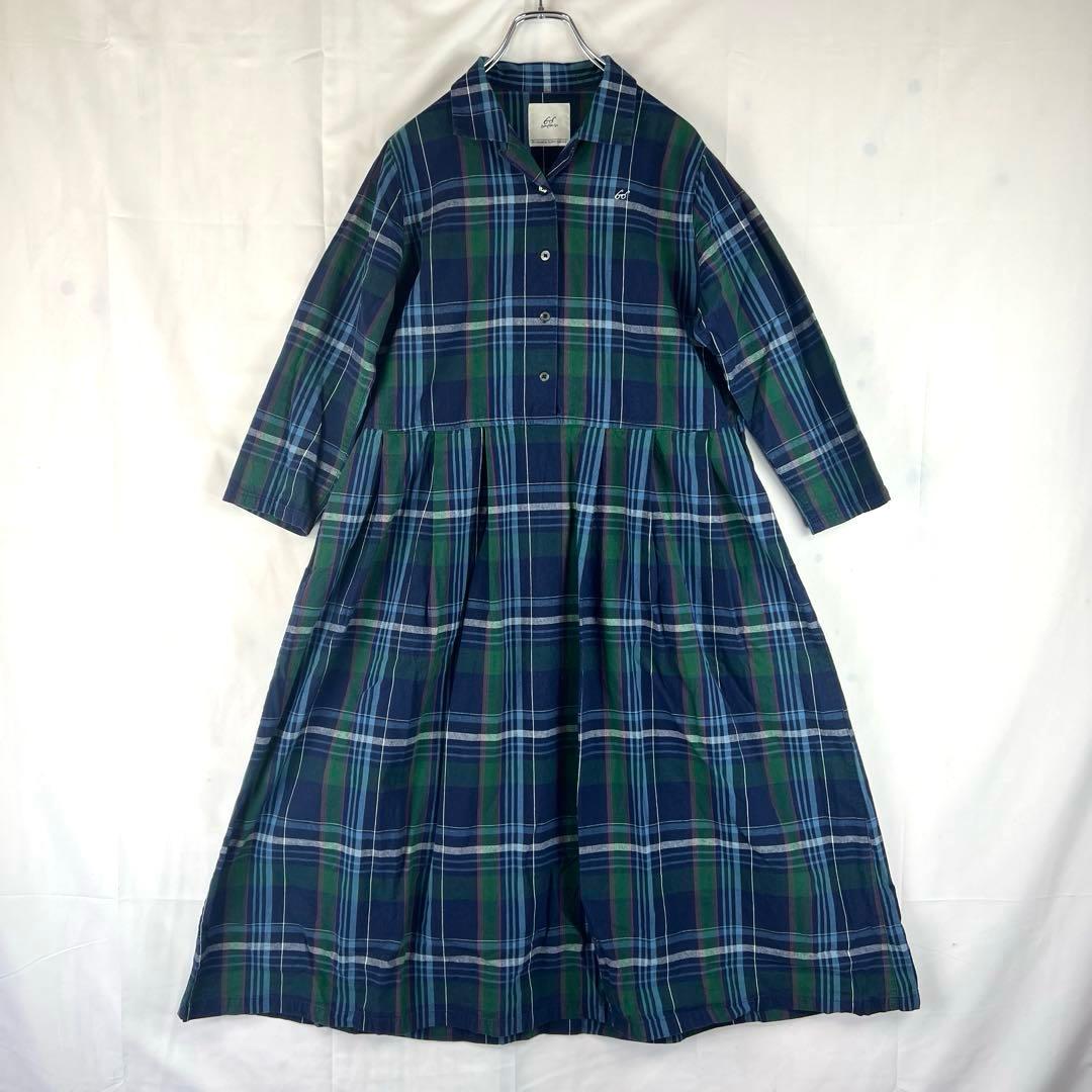 サニークラウズ pon コラボ タータンチェック ワンピース L 綿100％ 青