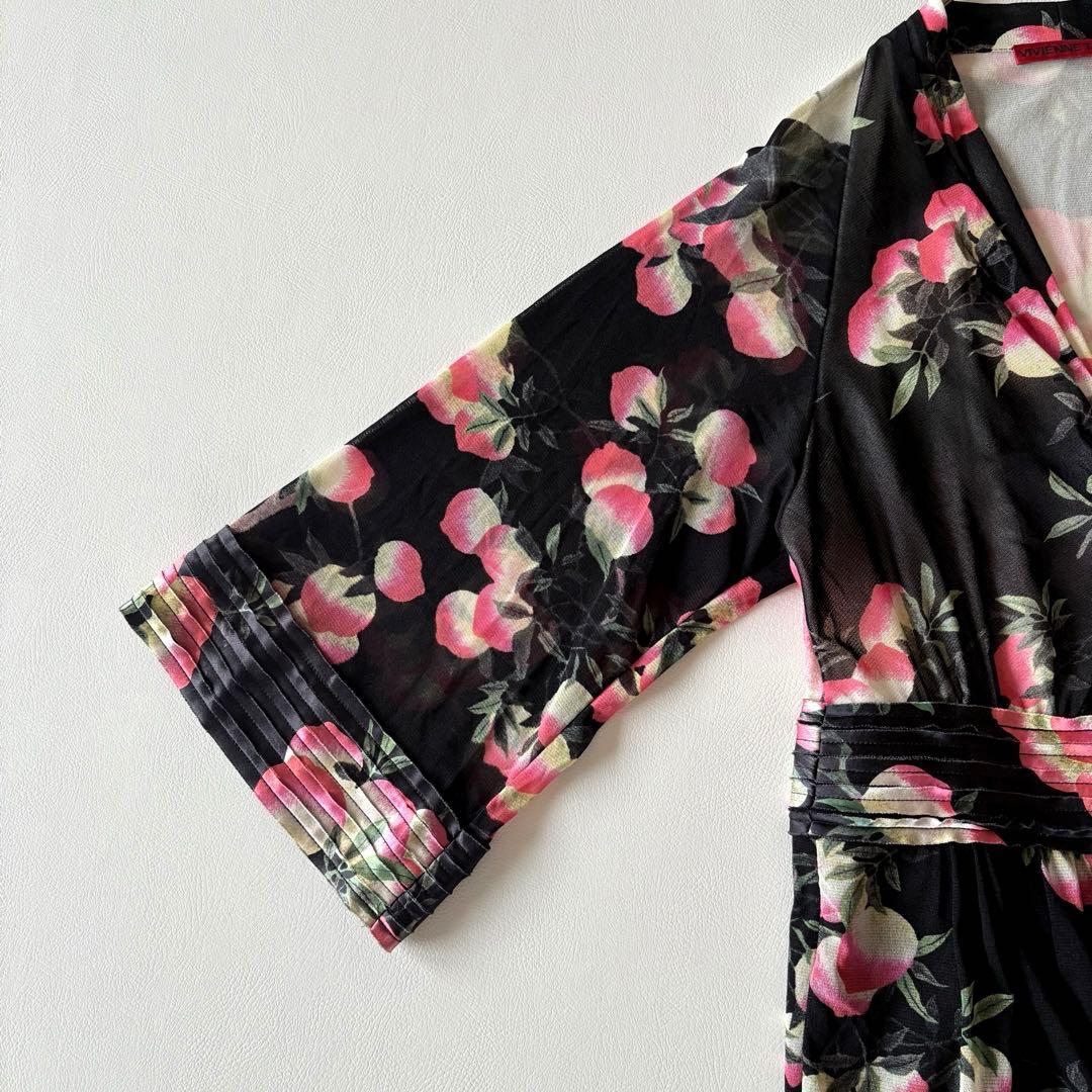 □美品ヴィヴィアンタムパワーネットVネック花柄ワンピース着物風