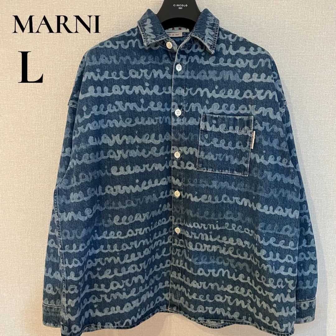 美品✨ MARNI 23SS Maremarni デニムシャツ 48 L 総柄 MARNI (マルニ) ロゴ総柄 長袖 デニムシャツ MACUJU0061A0 ブランド