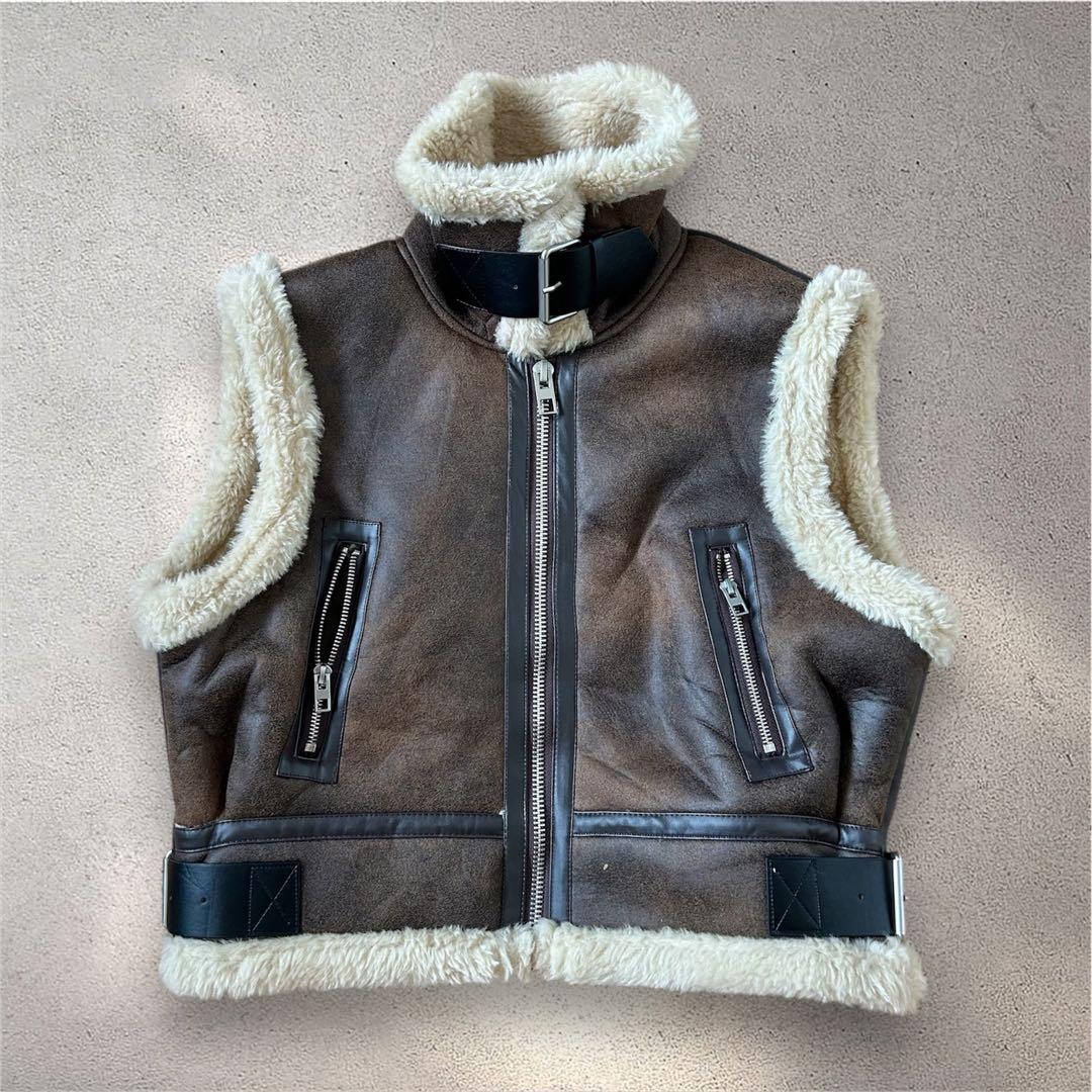 zara フェイクレザー ボア ムートンベスト ボアベスト ジレ ファー