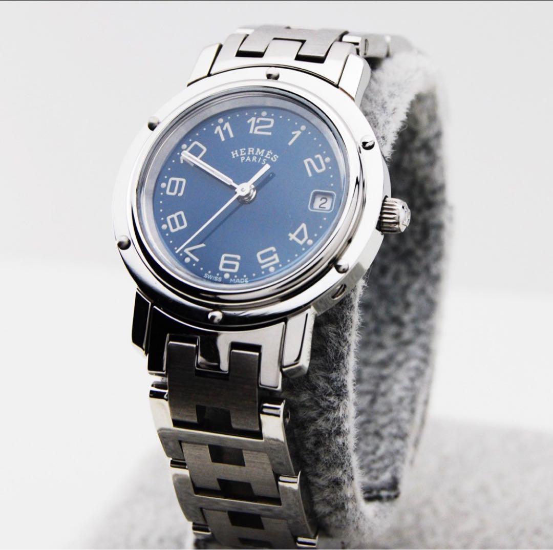 動作正常】HERMES エルメス ネイビー クリッパー レディース腕時計