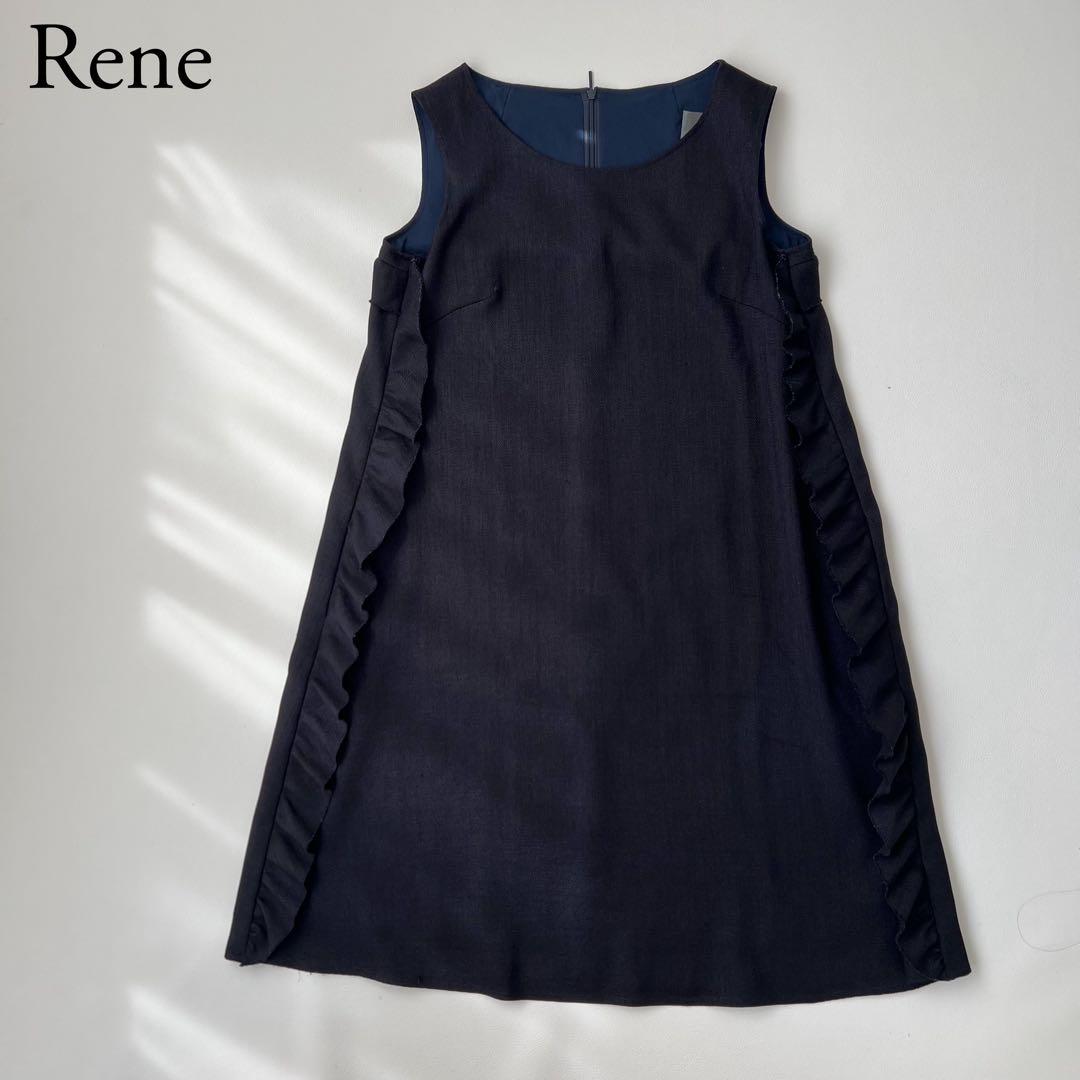 良品　Rene ルネ　Aラインワンピース　サイドフリル　バックフリル　ネイビー 良品 Rene ルネ Aラインワンピース サイドフリル バックフリル