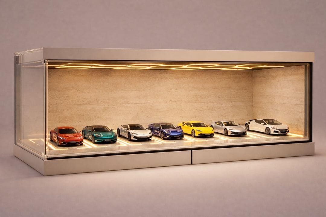 スズキ・オーダー依頼品 / ディスプレーBOX / スタイリッシュジオラマ 1/64展示21台可・チーク＆白木・3層ディスプレーBOX・スタイリッシュ