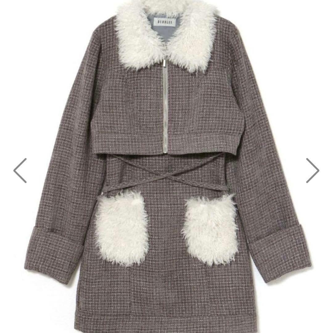 bubbles セットアップ ファーカラーツイードワンピース グレー - メルカリ