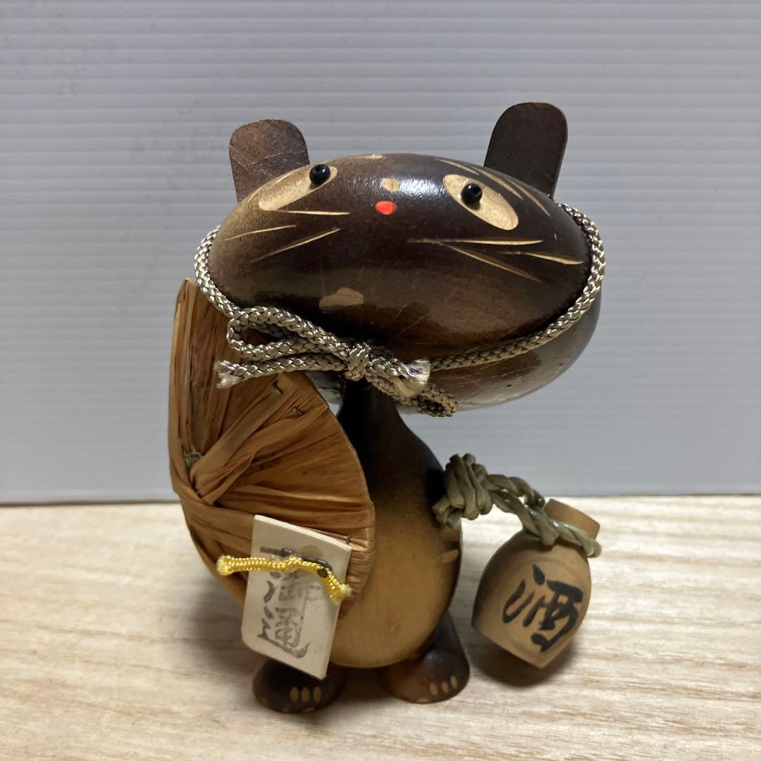 2F 福たぬき 置物 木彫り 縁起物 笠 徳利 酒 信楽焼風 昭和レトロ 民芸