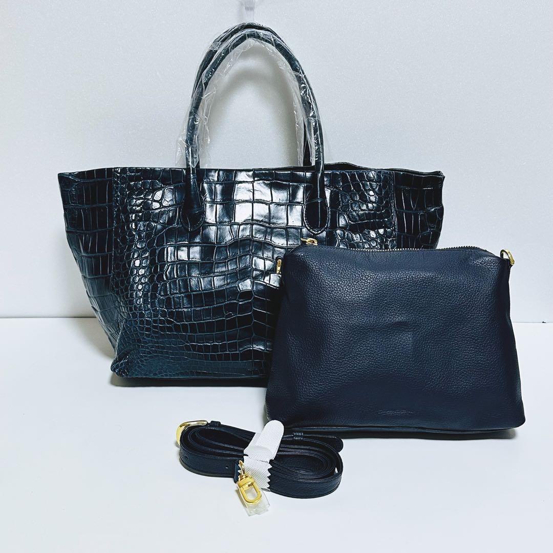 【新品未使用】Alumuco クロコダイル　トートバッグ alumuco アルムコ C-4733 トートバッグ ブラック 黒系 クロコダイル