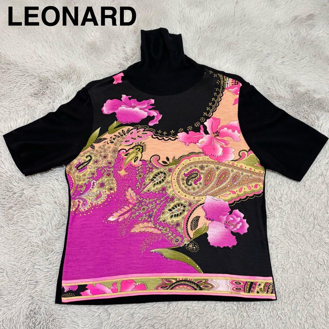LEONARD レオナール ハイネック カシミヤ 半袖 ラインストーン M 花柄