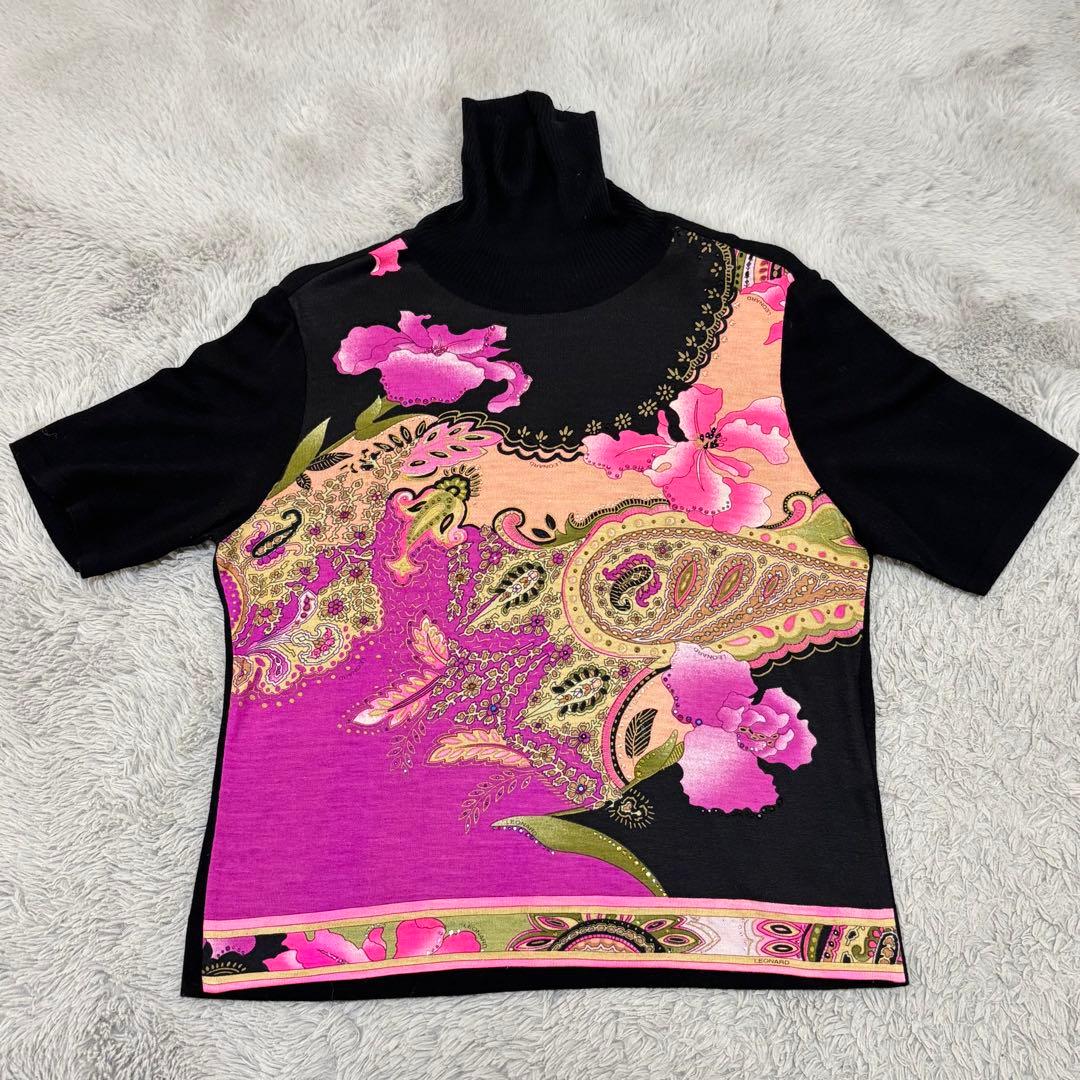 LEONARD レオナール ハイネック カシミヤ 半袖 ラインストーン M 花柄