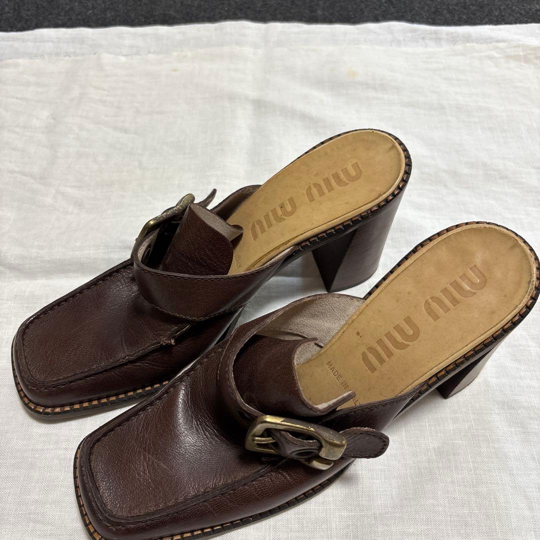 MIU MIU ブラウンレザーミュール ヒール8cm MiuMiu☆ Leather loafers with heel ☆ヒールローファー ☆送込
