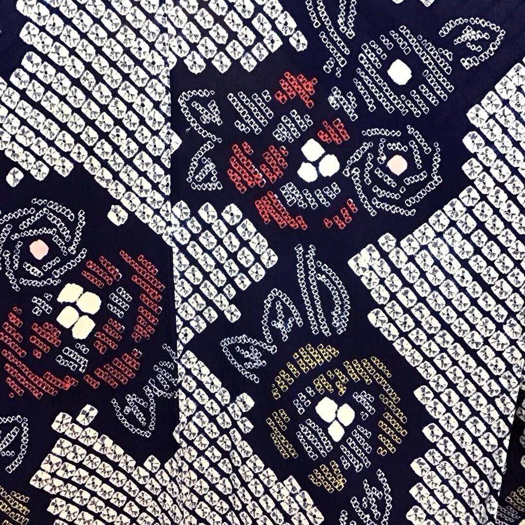 未使用☆本場有松絞り☆誂え浴衣☆紺色☆ばら☆身丈168☆裄丈68☆