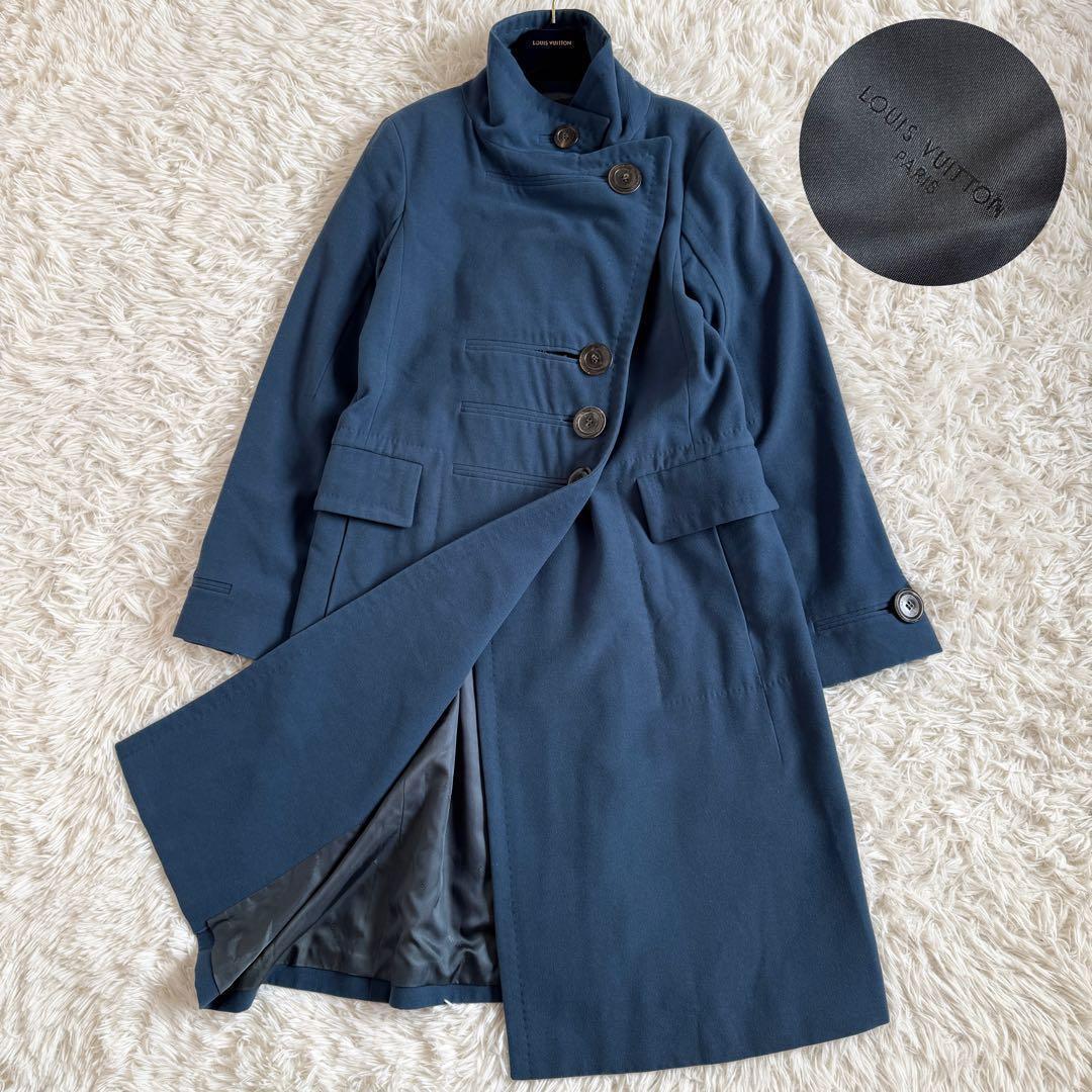 美品 カシミヤ混 ルイヴィトン ロングコート LV 総柄 ブルー Mサイズ