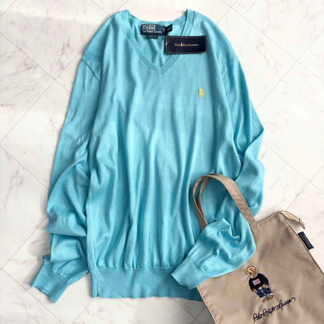 新品【ラルフローレン】Vネックニット　ポニーロゴ　薄手　コットン　水色　Y2K 古着 ラルフローレン Ralph Lauren RALPH LAUREN SPORT ケーブル編み V