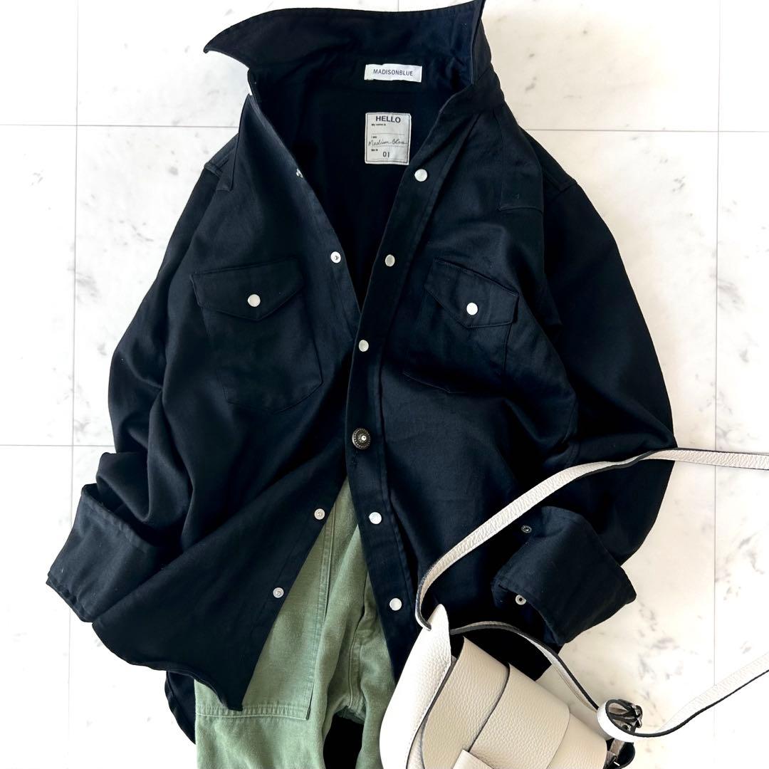 人気 マディソンブルー ウール ウエスタンシャツ ブラック 長袖シャツ