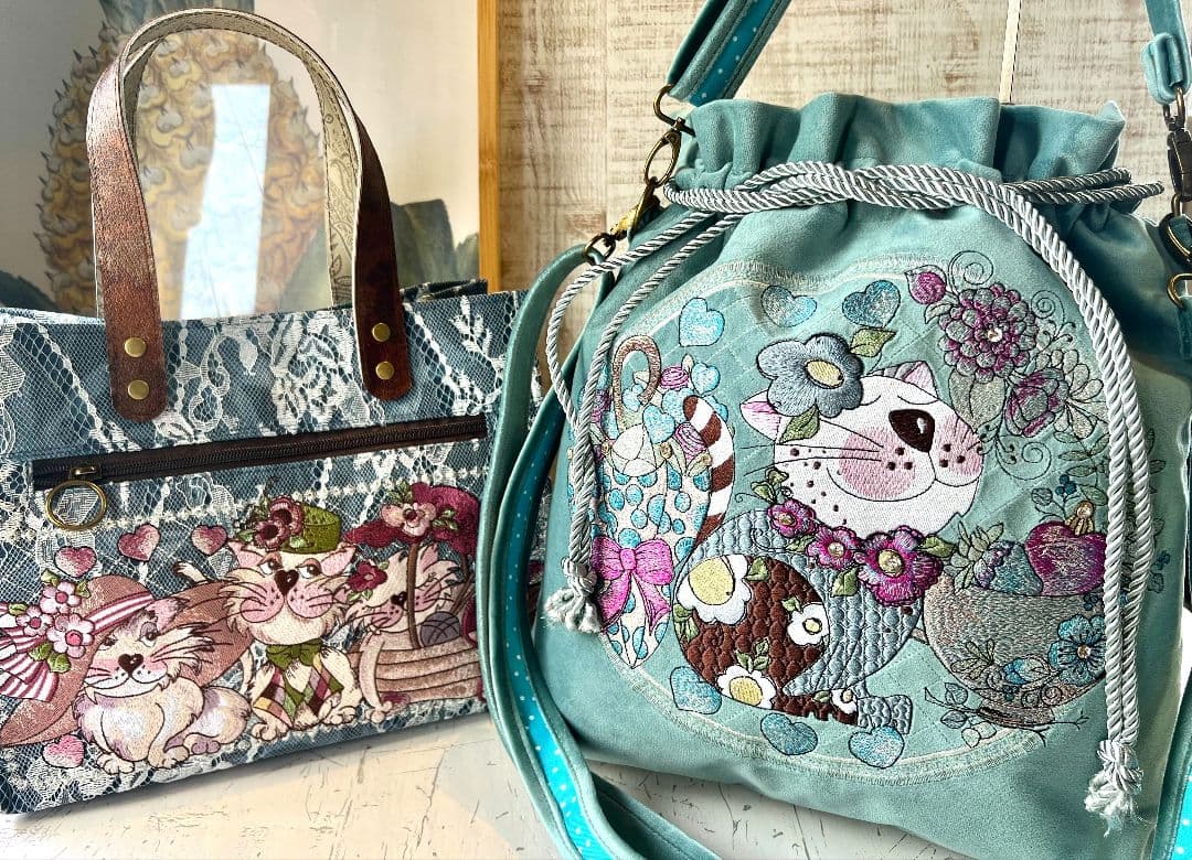 ＊お纏めリクエスト＊ロラライハリス♡ターコイズブルーベロア刺繍の巾着バッグなど ロラライハリス刺繍 トートバッグ＆ショルダーバッグ - kirara1122