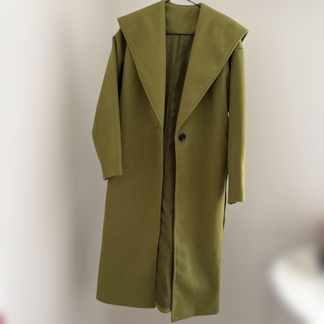 オリーブグリーン ロングコート フード付き - メルカリ
