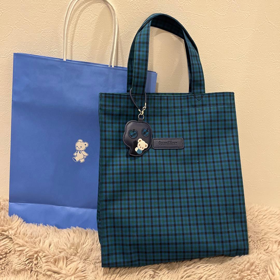 ファミリア familiar 縦型トートバッグ大 青チェック - メルカリ