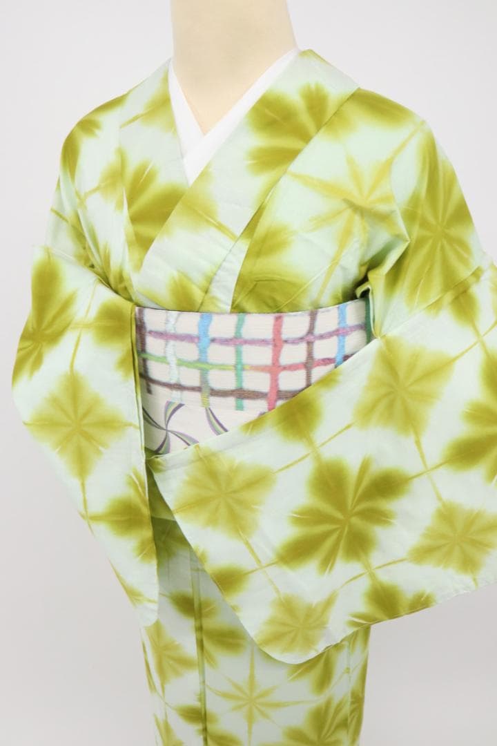 《長尺■しぼり浴衣◆雪花絞■板締め絞り■白×菜種油色◆木綿着物◆UG7-15》