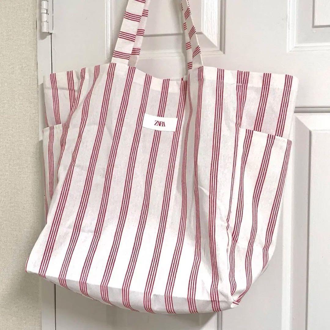 ZARAストライプ エコバッグ トートバッグ XL 赤 白 - メルカリ