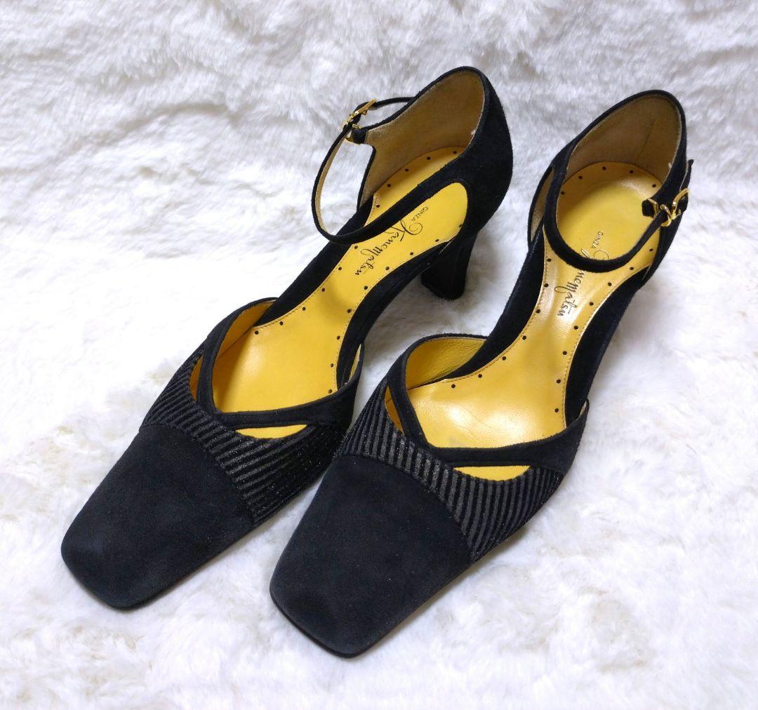 銀座かねまつ パンプス24D ブラック スエードアンクルストラップ