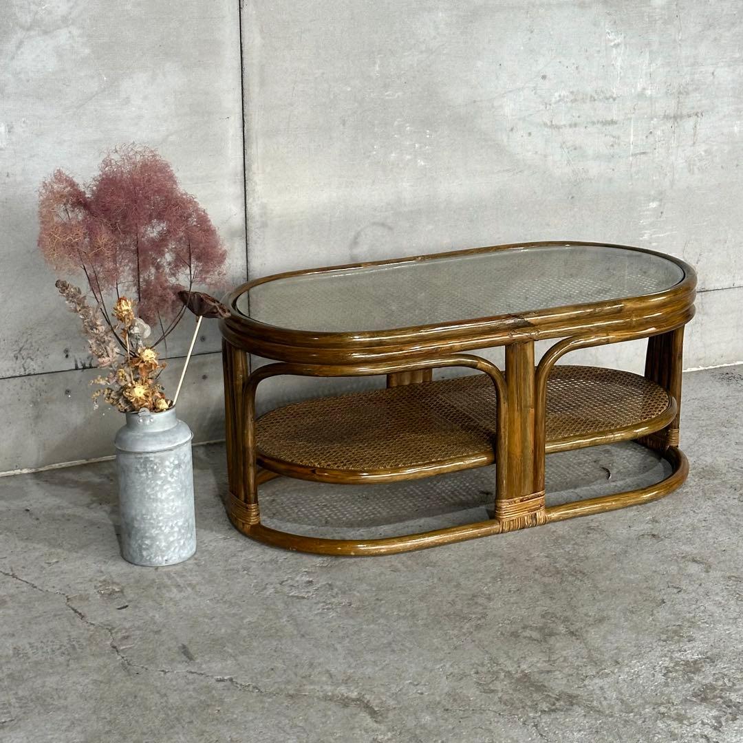 ✿昭和レトロ✿ 藤 オールドラタン ガラストップテーブル 棚付き