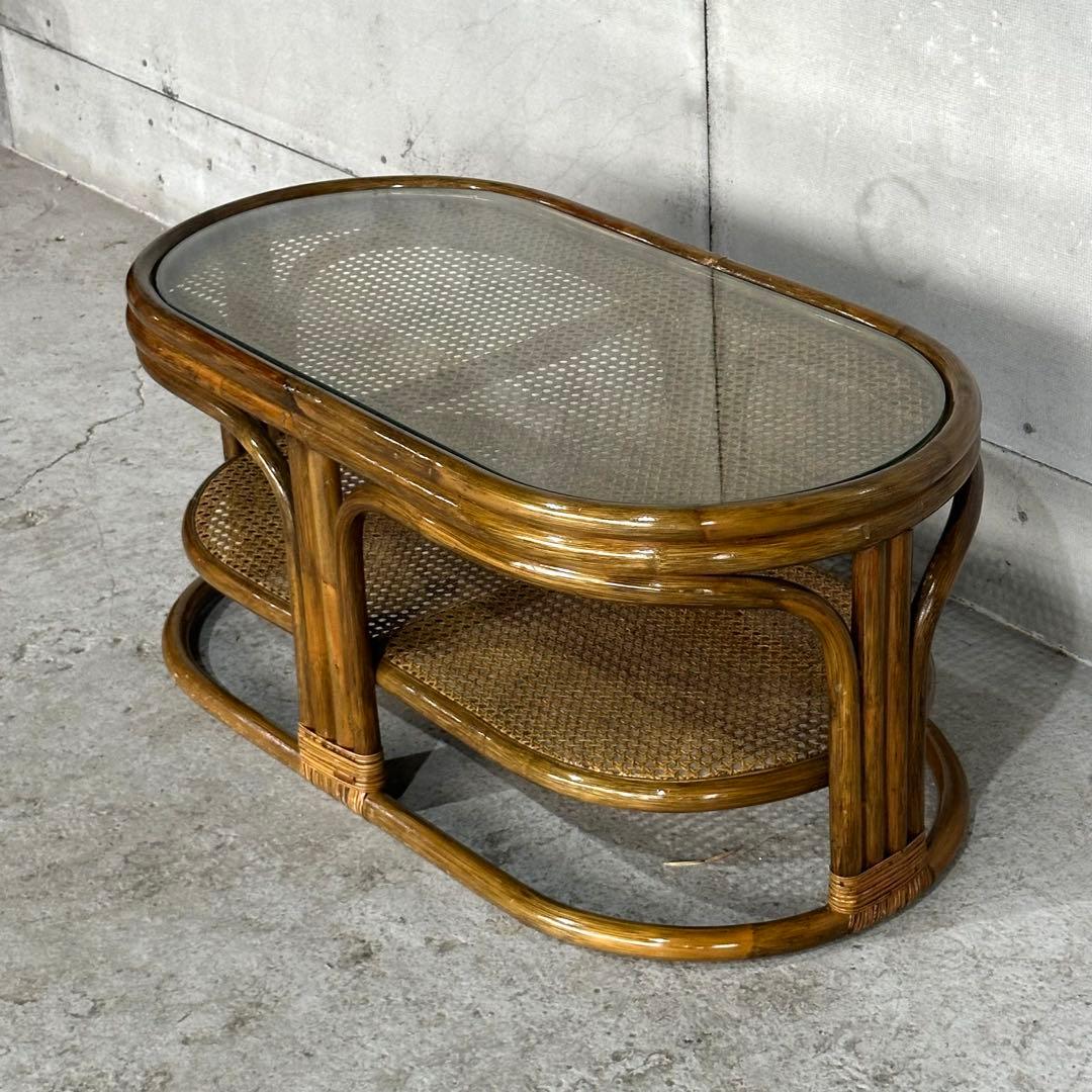 ✿昭和レトロ✿ 藤 オールドラタン ガラストップテーブル 棚付き