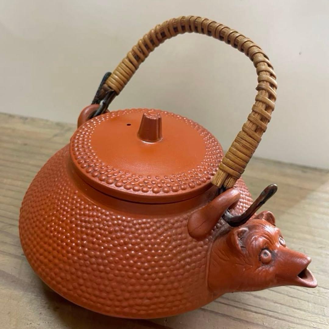 急須【m1007 分福茶釜 朱泥 狸 たぬき ぶんぶく茶釜 レトロ 骨董