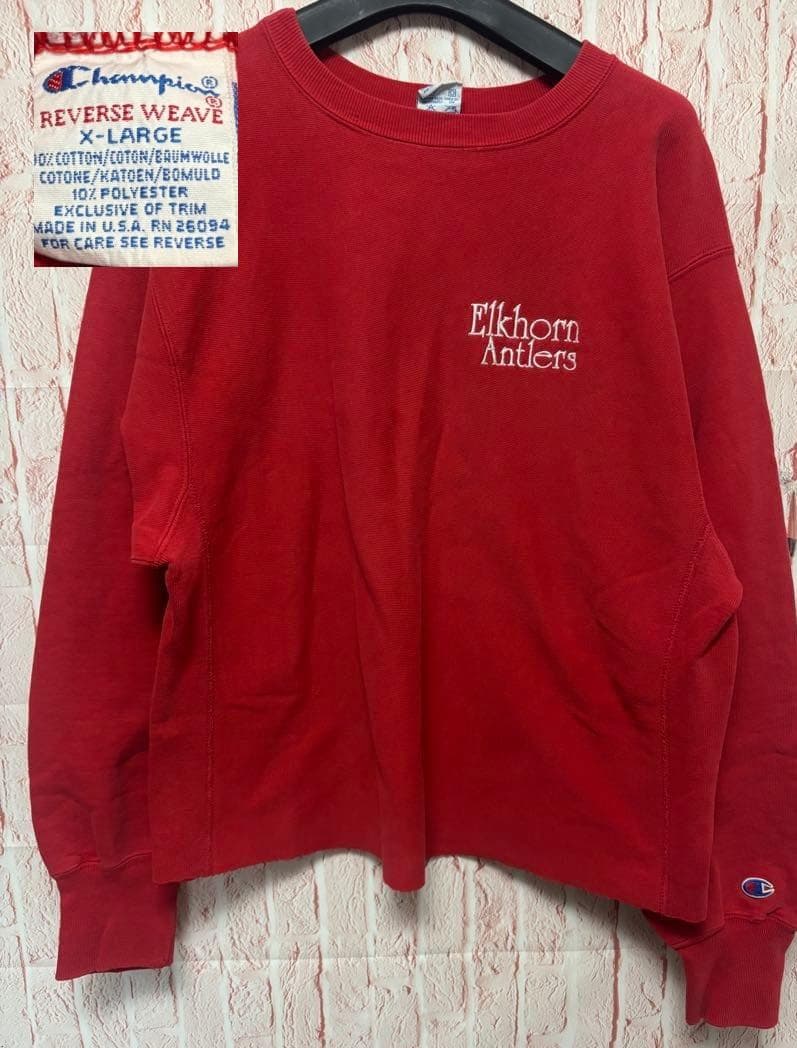 90s チャンピオン リバースウィーブ USA製 XL 刺繍タグ カットオフ 赤