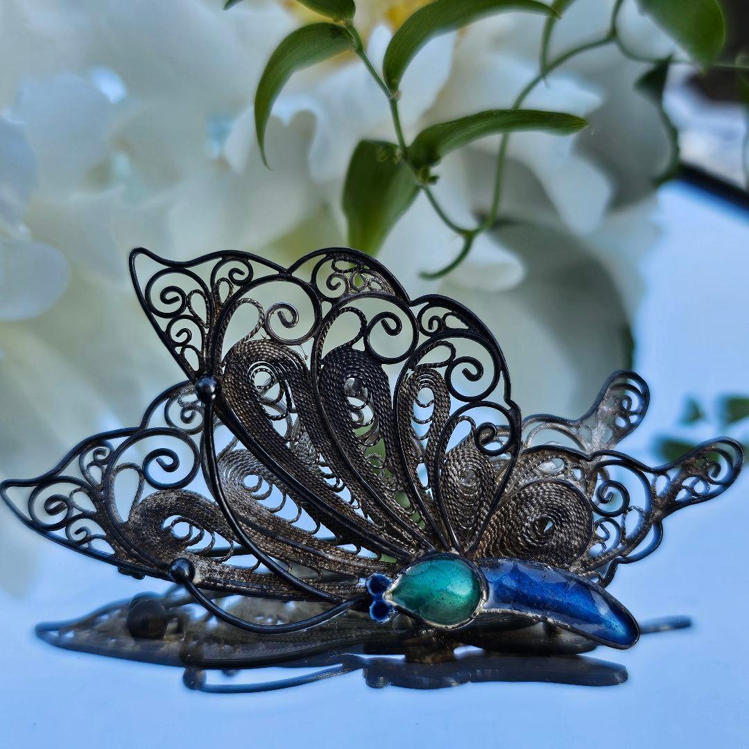 267 蝶々 銀線細工 ヴィンテージブローチ 中国七宝 フィリグリー