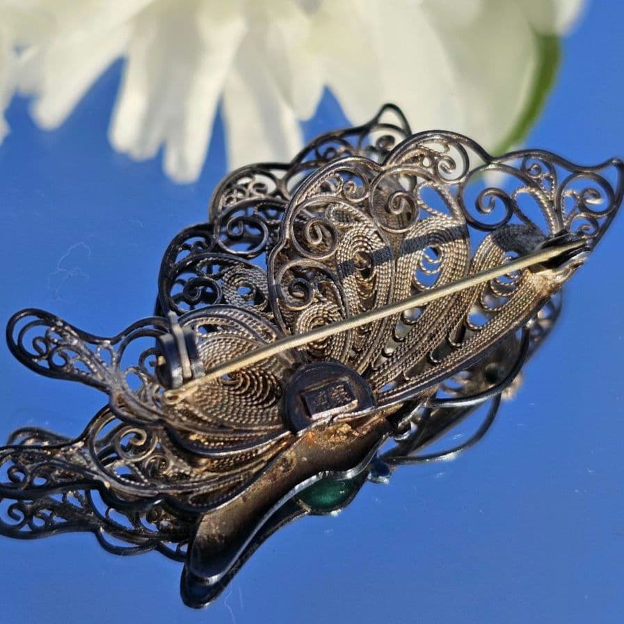 267 蝶々 銀線細工 ヴィンテージブローチ 中国七宝 フィリグリー